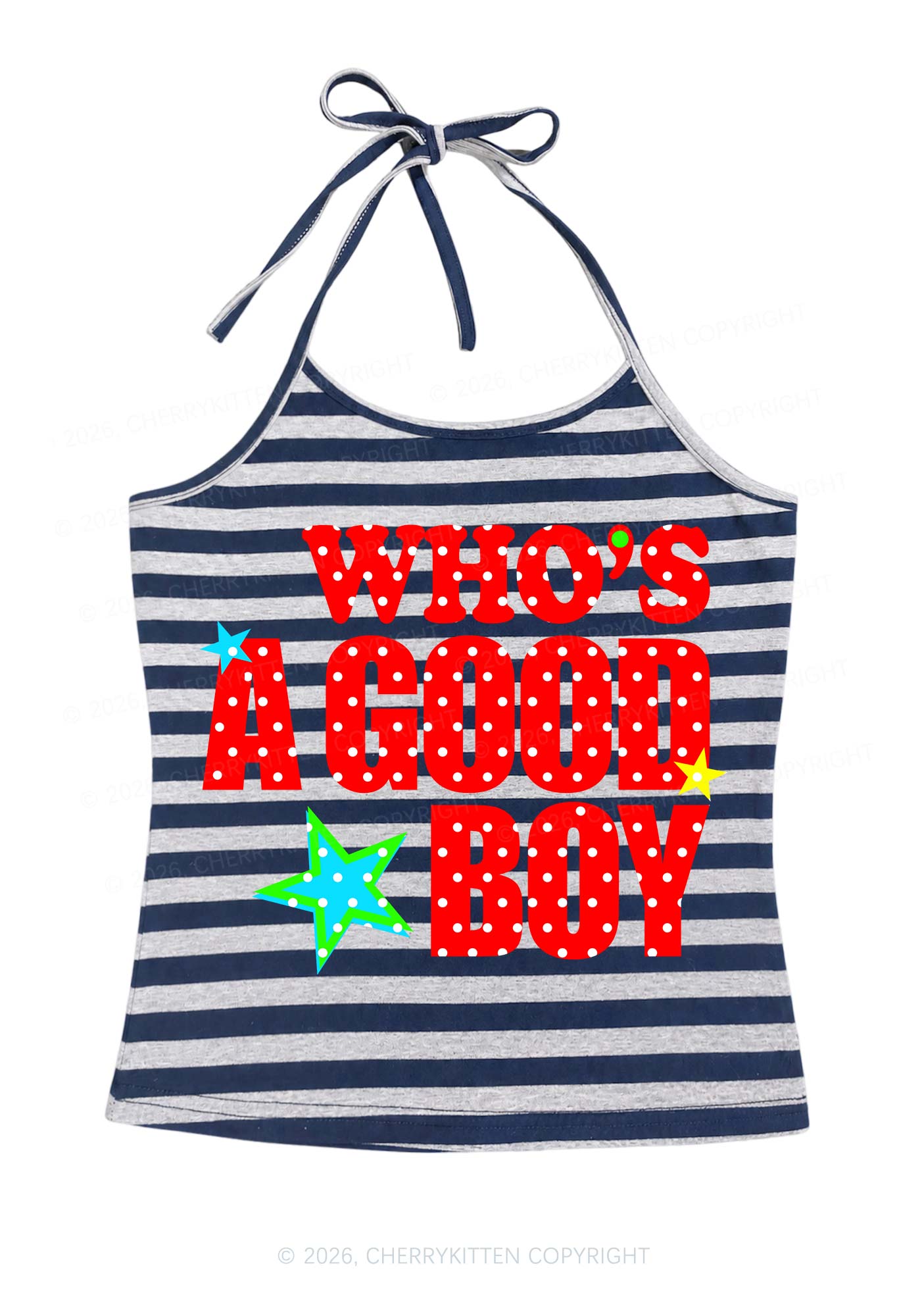 Whos A Good Boy Polka Dots Y2K Navy Grey Striped Halter Neck Cami Cherrykitten