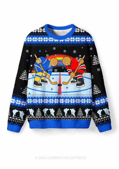 Blue Hockey Gingerbread Man Y2K Knit Sweatshirt Cherrykitten