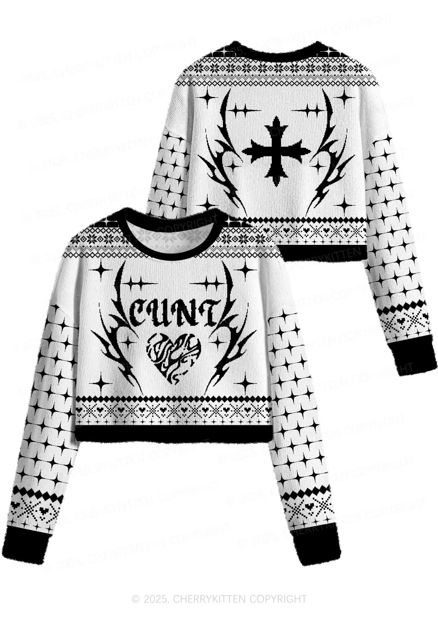 White Cxxt Y2K Christmas Crop Knit Sweatshirt Cherrykitten