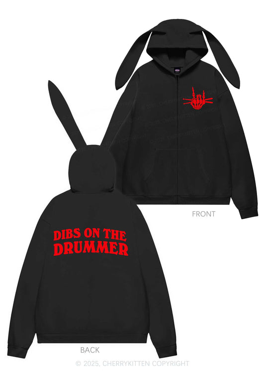 Dibs On The Drummer Y2K Bunny Ear Zip Hoodie Cherrykitten