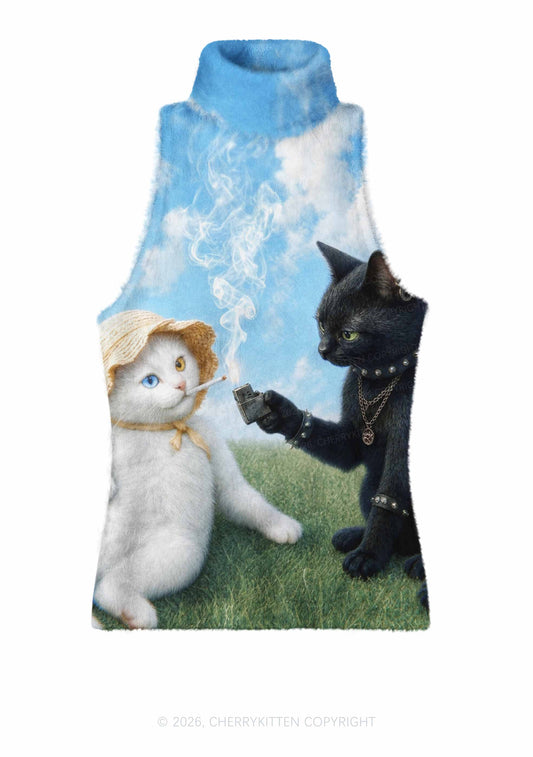 White Cat Smoking Y2K Knit Turtleneck Tank Top Cherrykitten