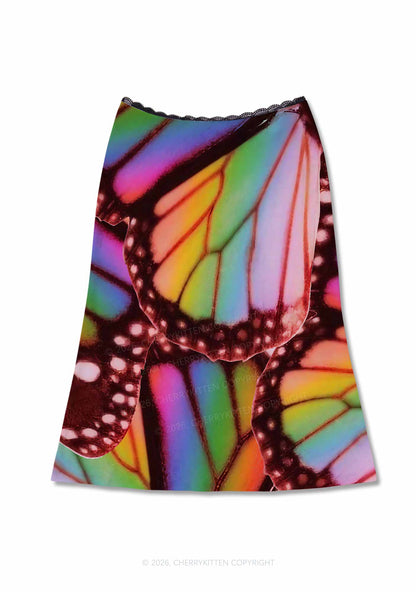 Rainbow Butterfly Wing Pride Y2K Print Midi Skirt Cherrykitten