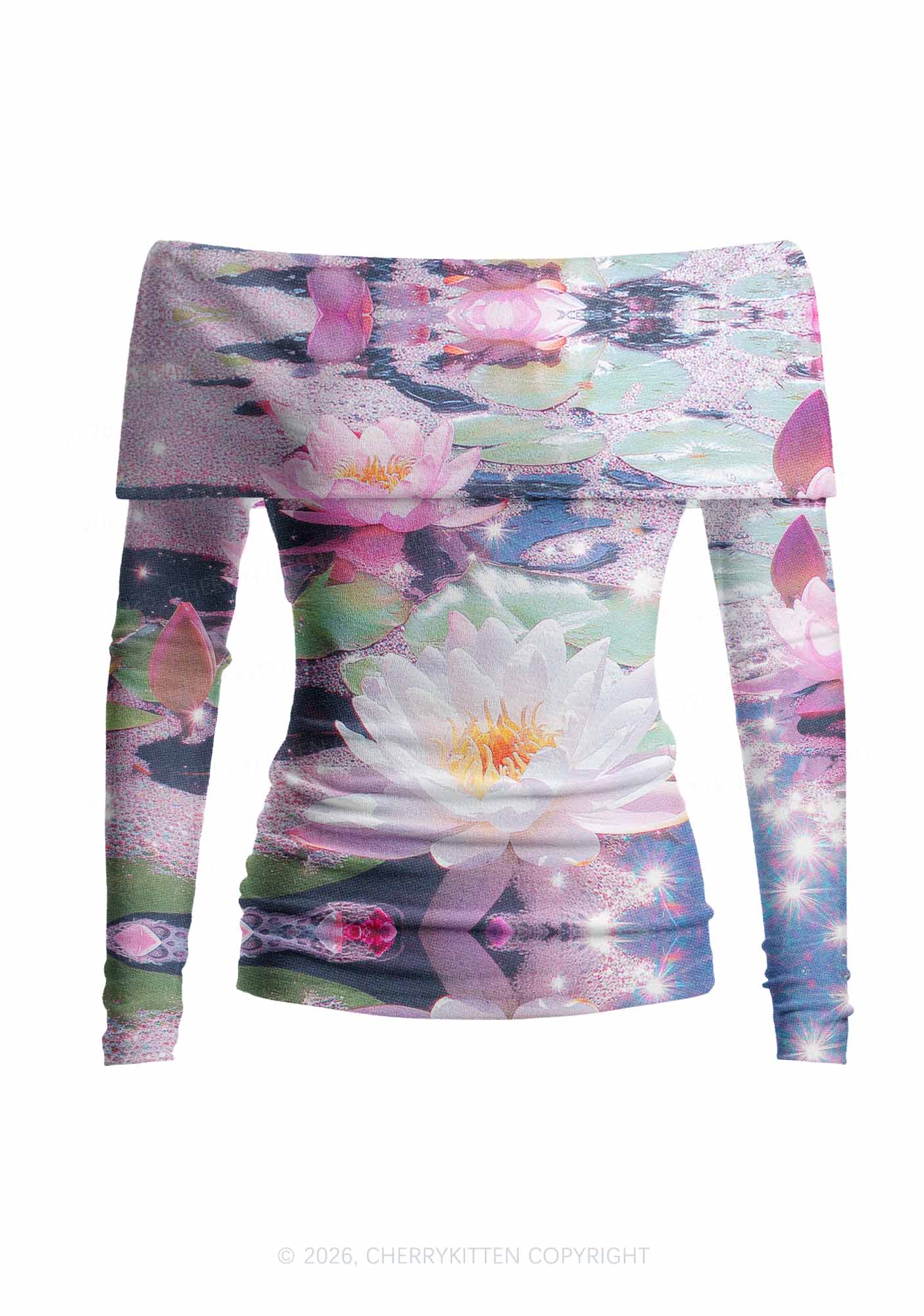 Glitter Lotus Y2K Off Shoulder Fold Over Knit Top Cherrykitten