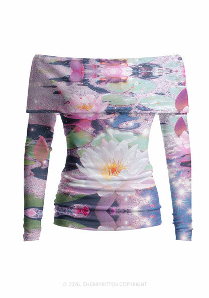 Glitter Lotus Y2K Off Shoulder Fold Over Knit Top Cherrykitten