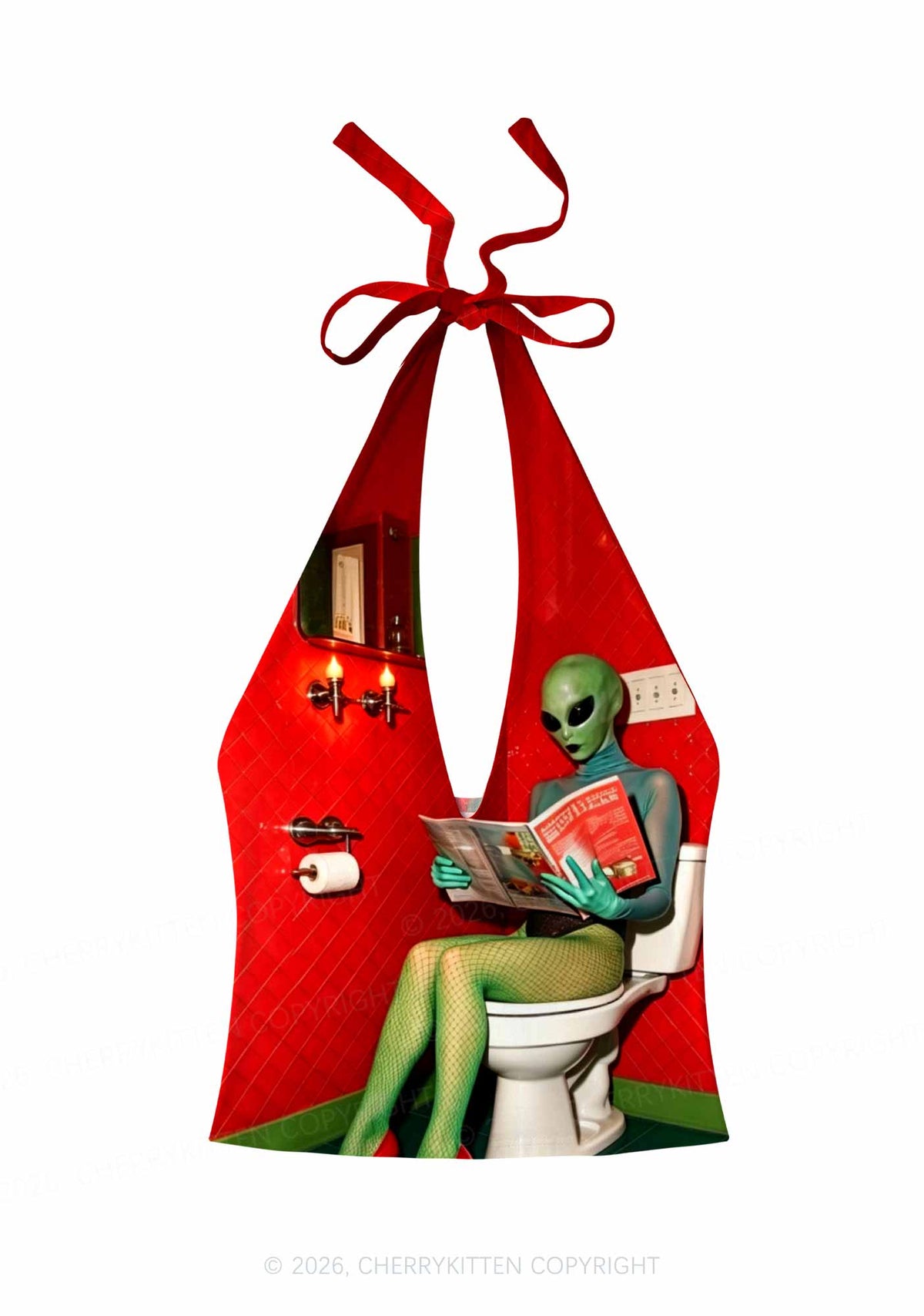Halloween Alien On Toilet Y2K Print Halter Deep V Neck Cami Cherrykitten