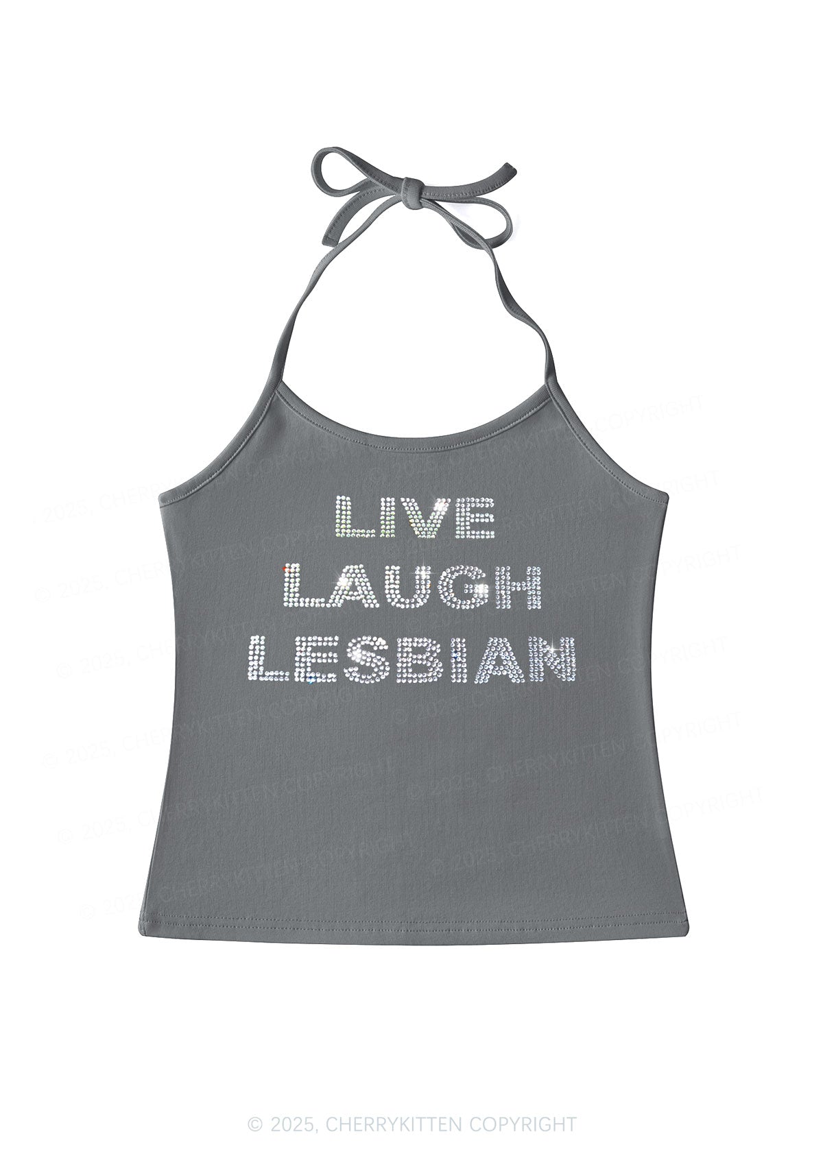 Rhinestone Live Laugh Lesbian Pride Y2K Halter Neck Cami Cherrykitten