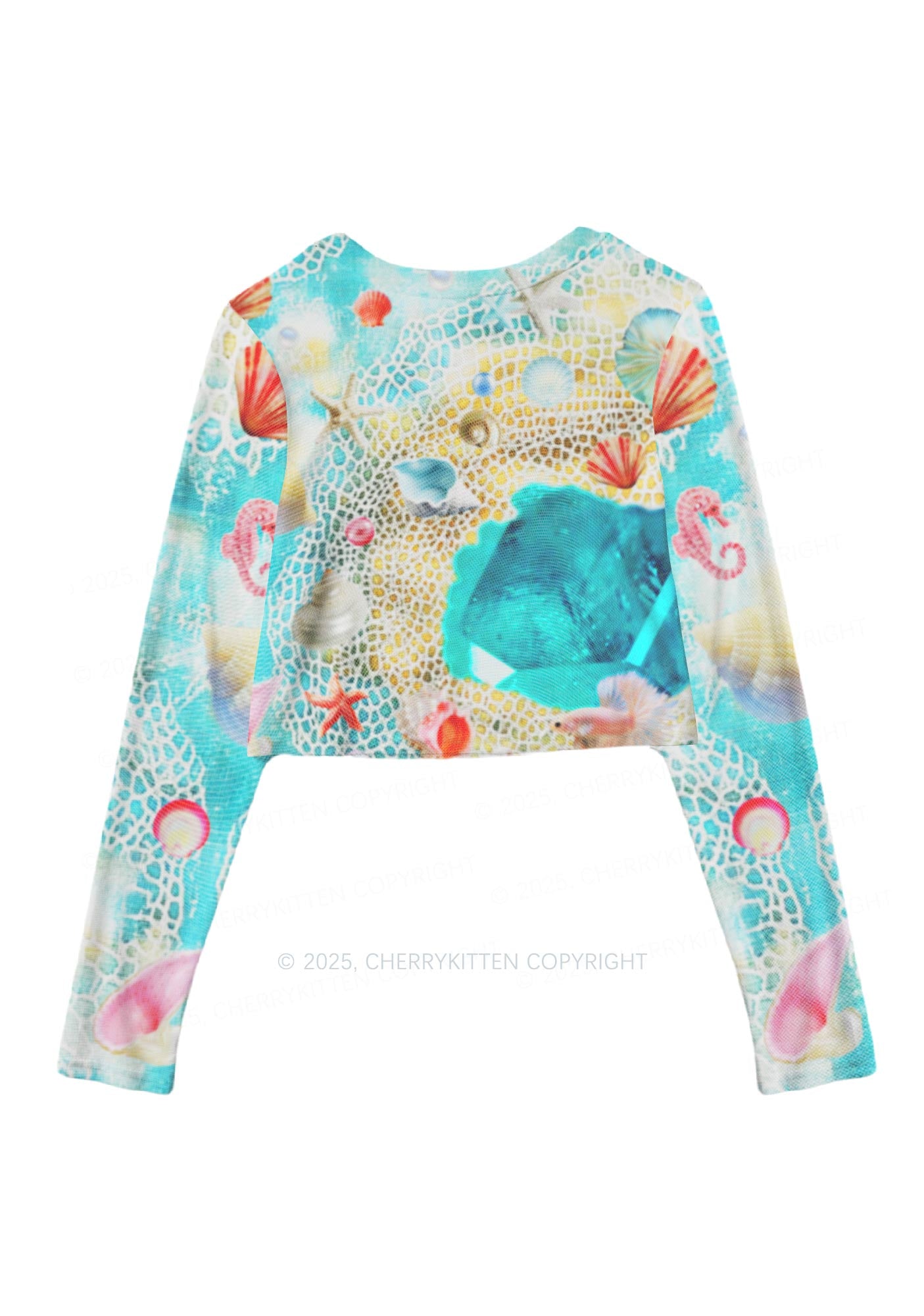 Seashell Fantasy Y2K Mesh Long Sleeve Crop Top Cherrykitten
