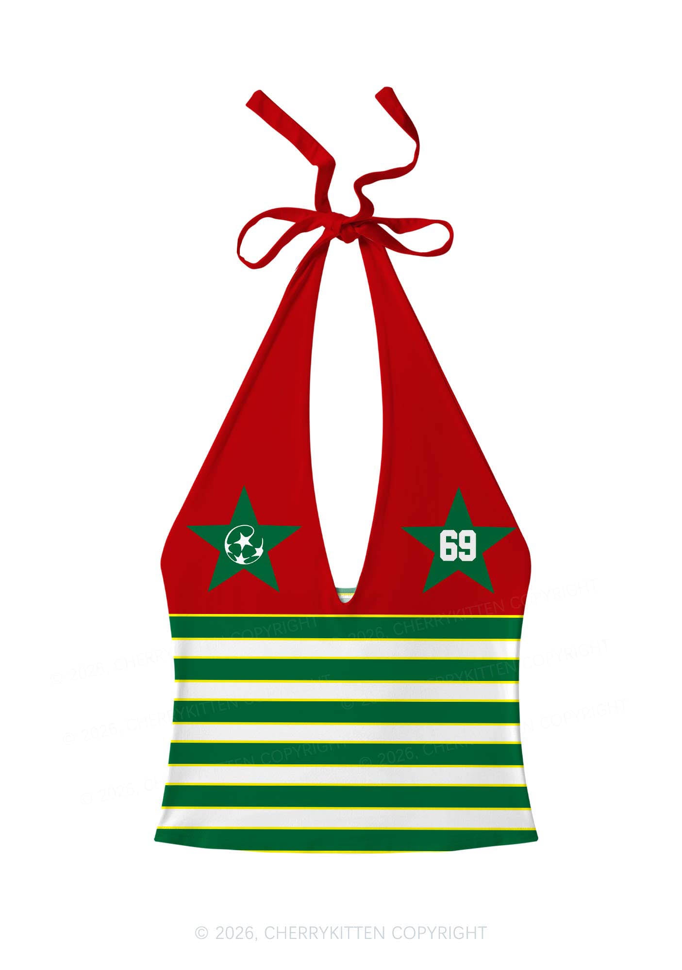 Green White Stripe Stars Y2K Print Halter Deep V Neck Cami Cherrykitten