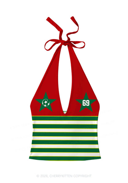 Green White Stripe Stars Y2K Print Halter Deep V Neck Cami Cherrykitten