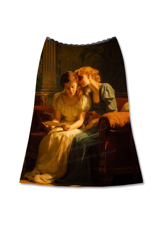 Two Women Reading Letter Pride Y2K Print Midi Skirt Cherrykitten