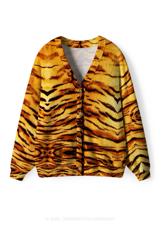 Wild Tiger Texture Y2K Christmas Cardigan Knit Sweatshirt Cherrykitten