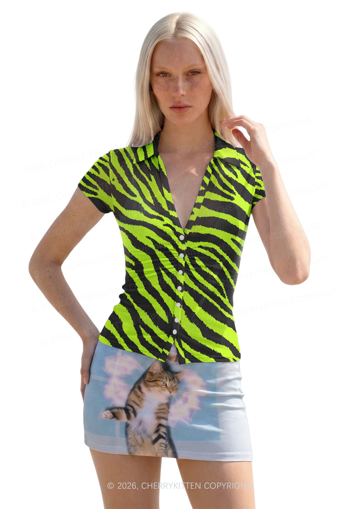 Green Zebra Y2K Mesh Ruched  Waist  V Neck Top Cherrykitten