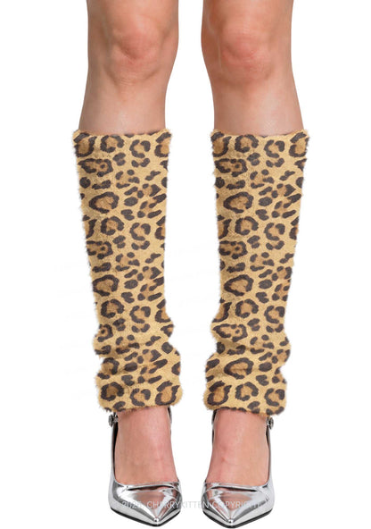 Khaki Leopard Y2K Print Fuzzy Straight Leg Warmers Cherrykitten