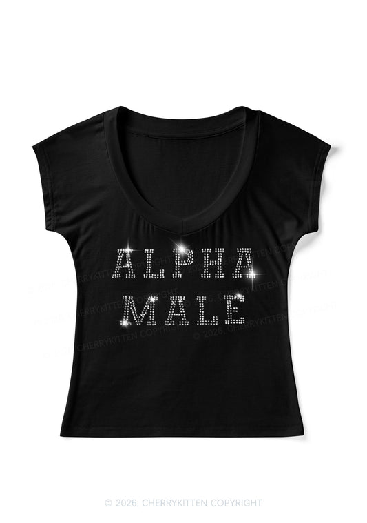 Rhinestone Alpha Male Y2K V Neck T Shirts Cherrykitten