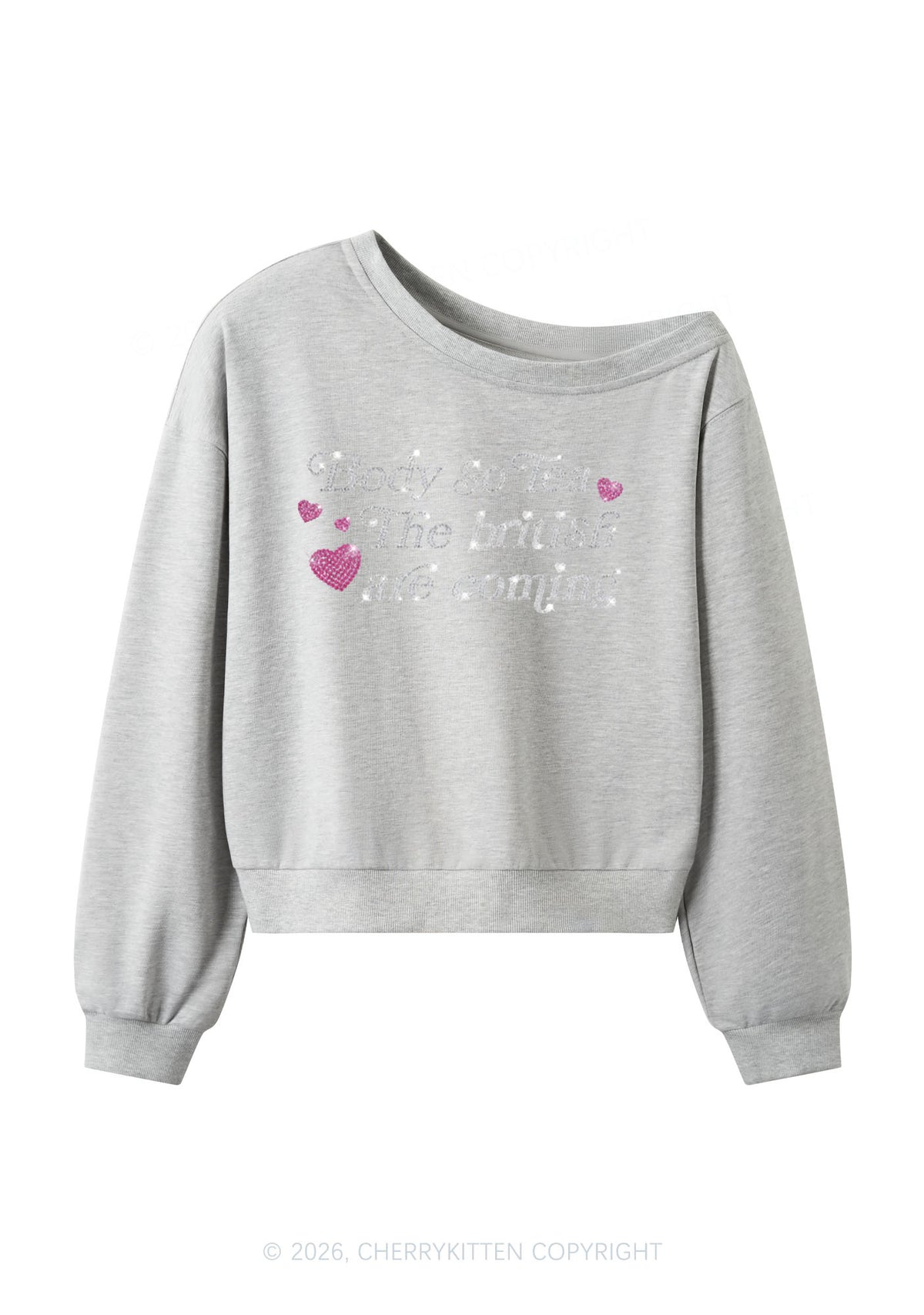 Rhinestone Body So Tea Y2K Off Shoulder Sweatshirts Cherrykitten