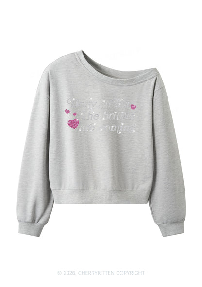 Rhinestone Body So Tea Y2K Off Shoulder Sweatshirts Cherrykitten