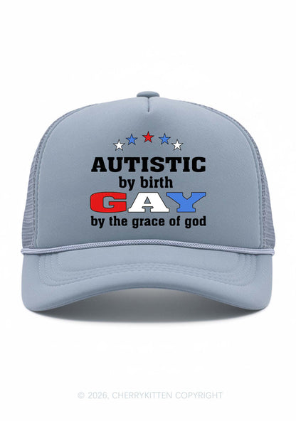 Autistic By Birth Gay Pride Y2K Trucker Hat Cherrykitten