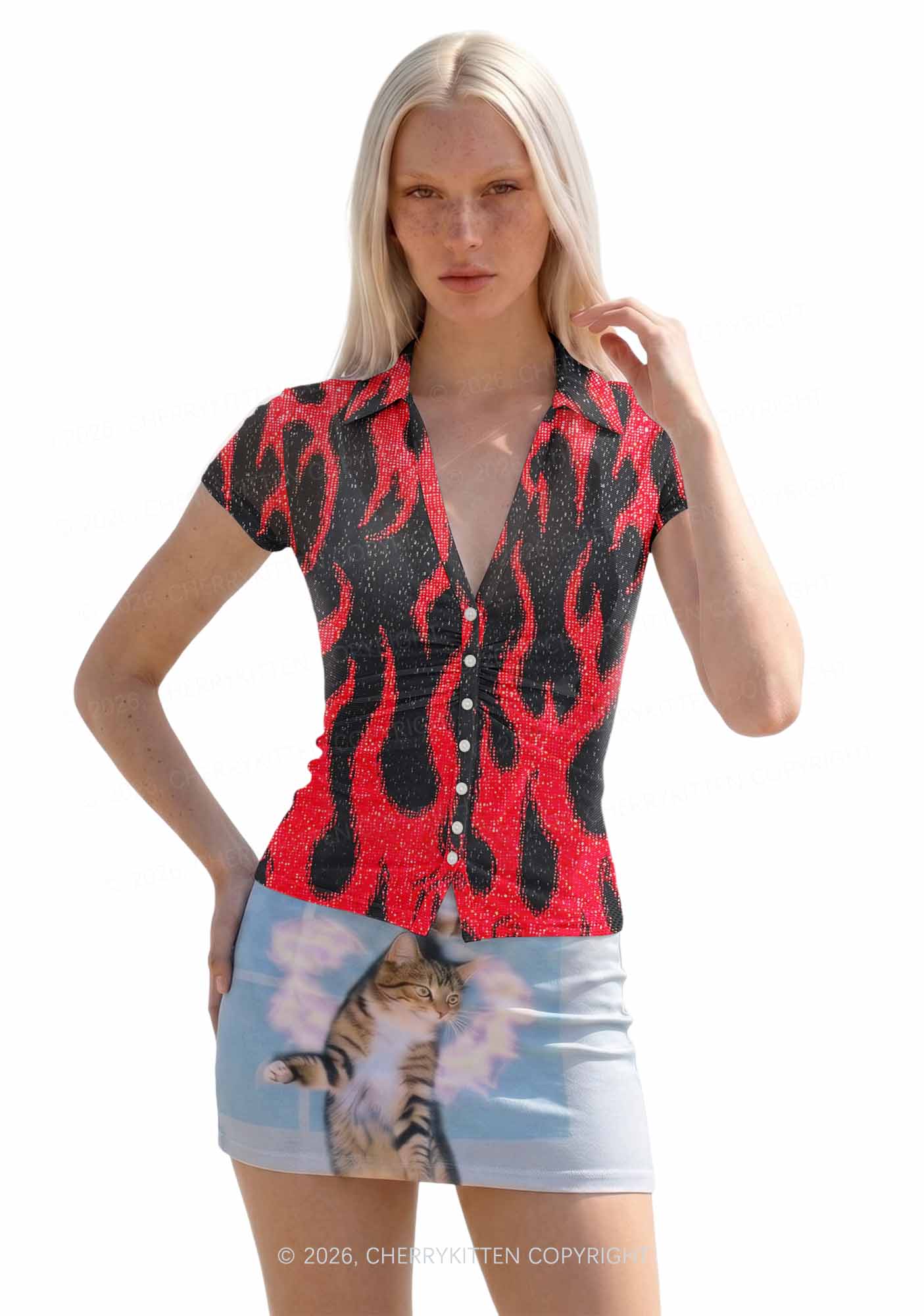 Red Flame Y2K Mesh Ruched  Waist  V Neck Top Cherrykitten