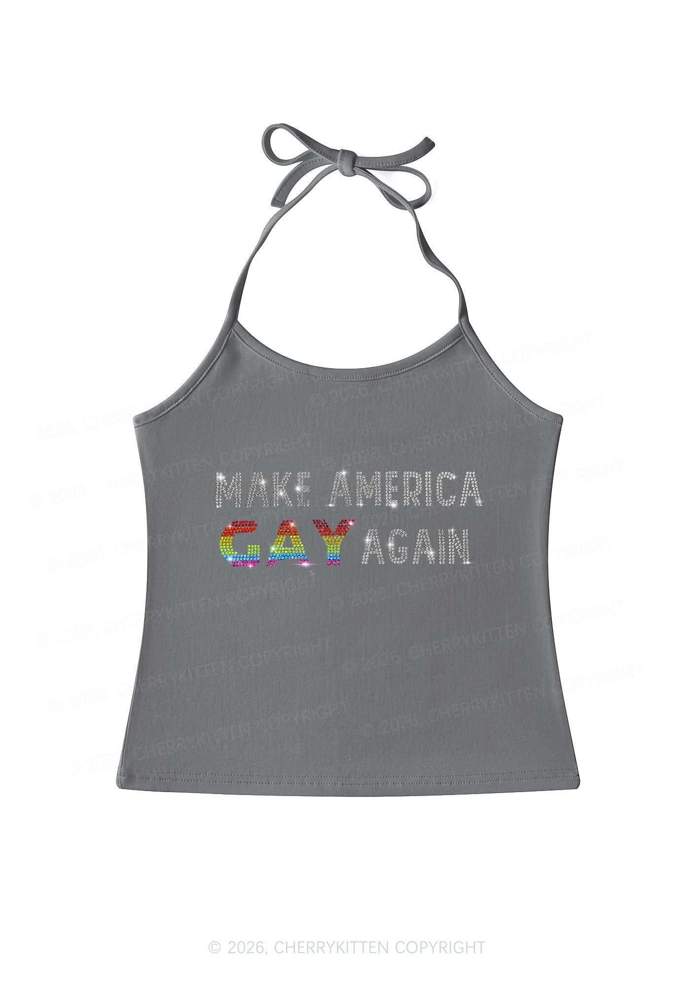 Rhinestone Make America Gay Again Pride Y2K Halter Neck Cami Cherrykitten