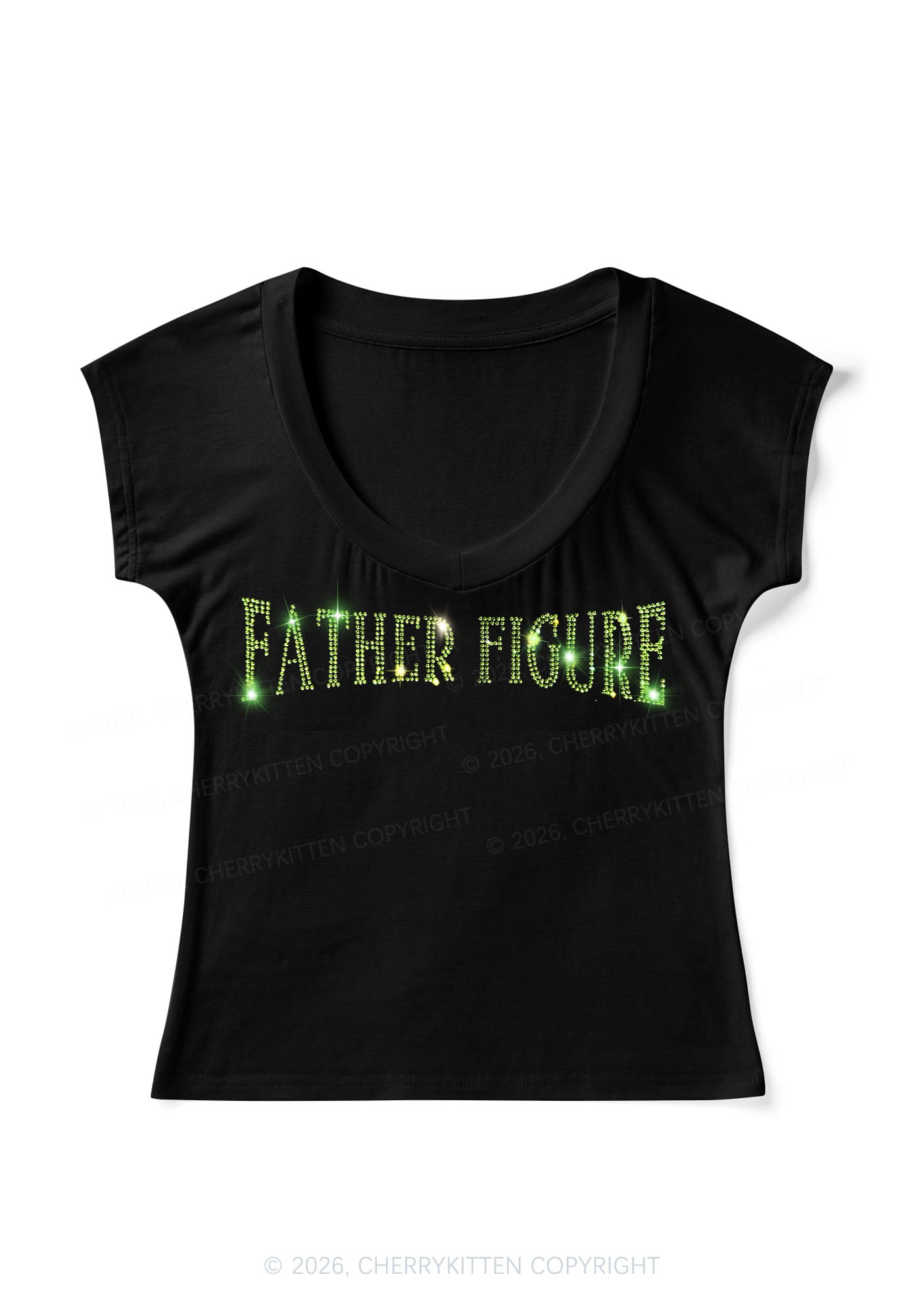 Rhinestone Father Figure Y2K V Neck T Shirts Cherrykitten