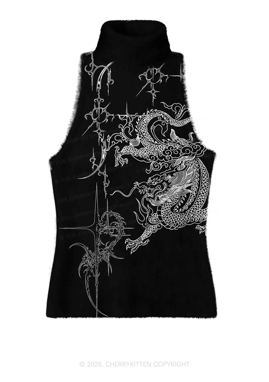 Halloween White Dragon On Black Y2K Knit Turtleneck Tank Top Cherrykitten