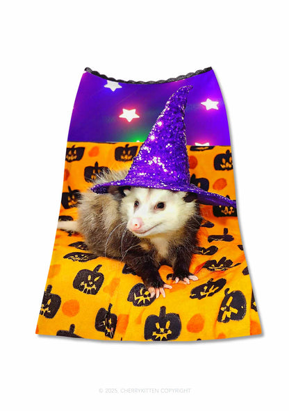 Halloween Sparkle Witch Ratz Y2K Print Midi Skirt Cherrykitten