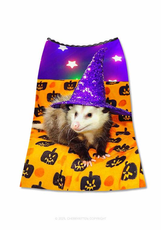 Halloween Sparkle Witch Ratz Y2K Print Midi Skirt Cherrykitten