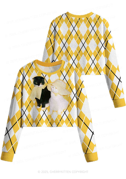 Yellow Cats Friend Y2K Christmas Crop Knit Sweatshirt Cherrykitten