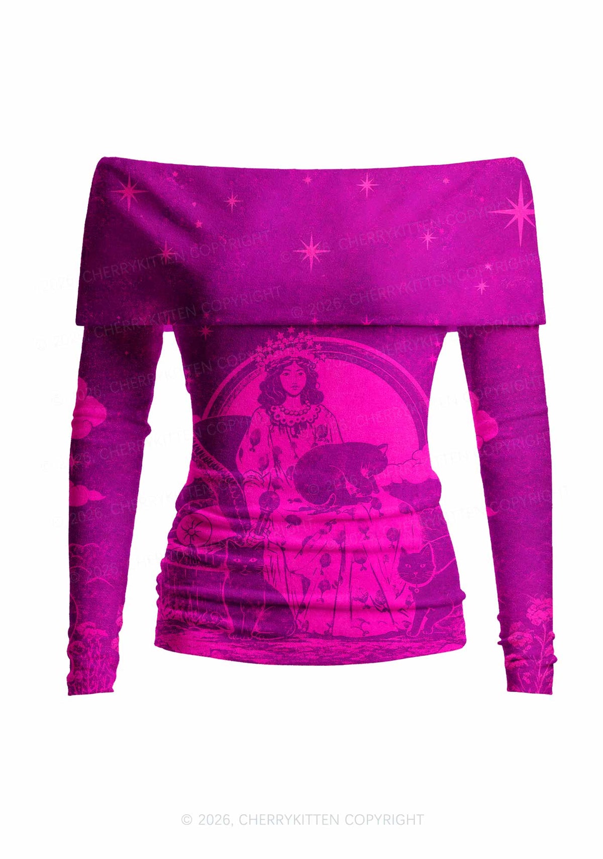 Magical Lady With Cats Y2K Off Shoulder Fold Over Knit Top Cherrykitten