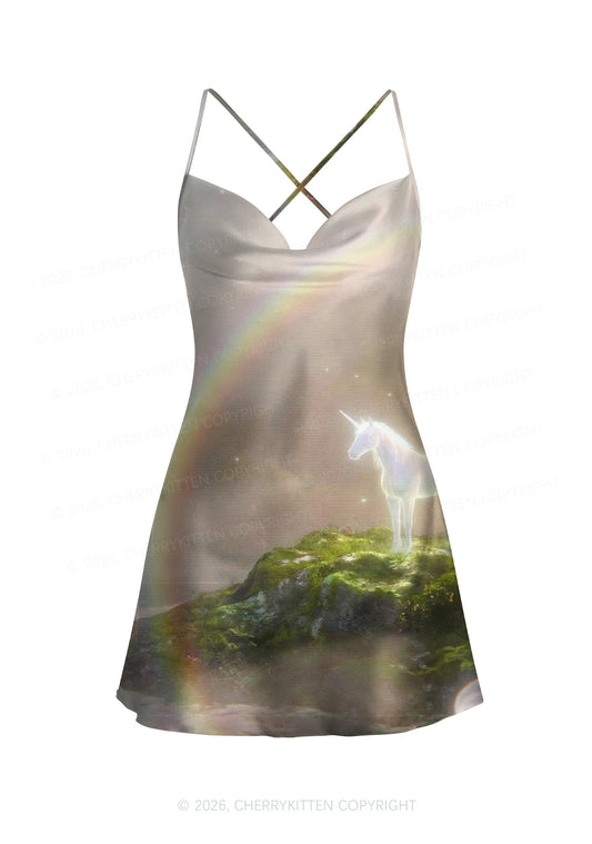 Rainbow Glowing Unicorn Y2K Print Satin Cowl Neck Slip Dress Cherrykitten
