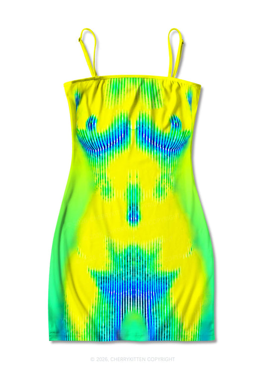 Yellow Thermal Female Body Y2K Print Slip Dress Cherrykitten