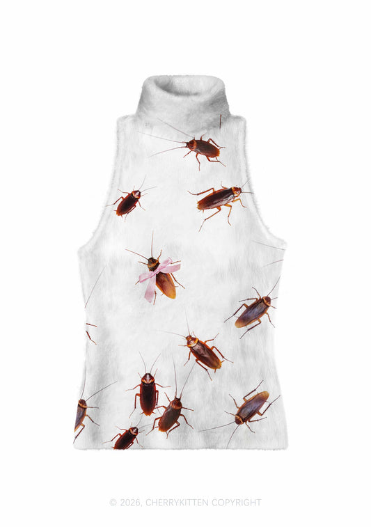 Pink Bow Cockroach Y2K Knit Turtleneck Tank Top Cherrykitten