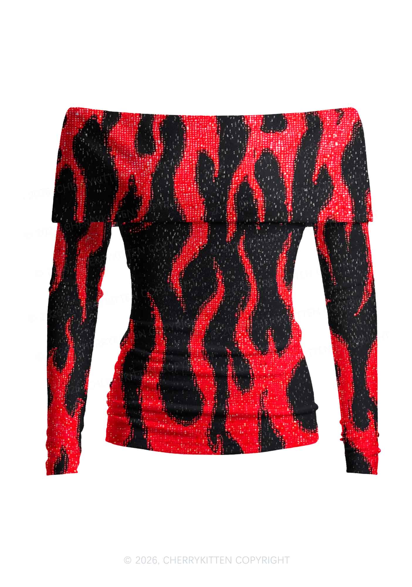Red Flame Y2K Off Shoulder Fold Over Knit Top Cherrykitten