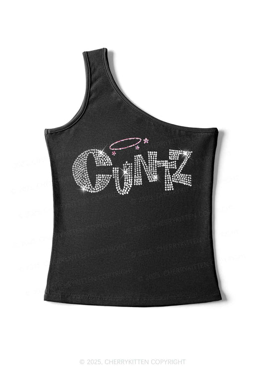 Rhinestone Cxntz Y2K One Shoulder Tank Top Cherrykitten