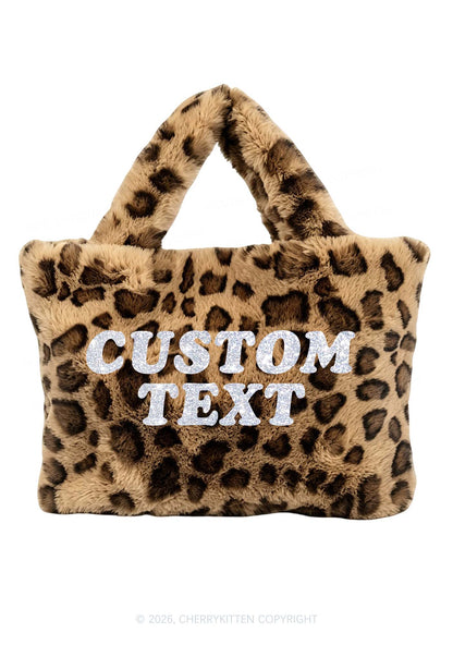 Glitter Custom Text Y2K Plush Leopard Handbag Cherrykitten
