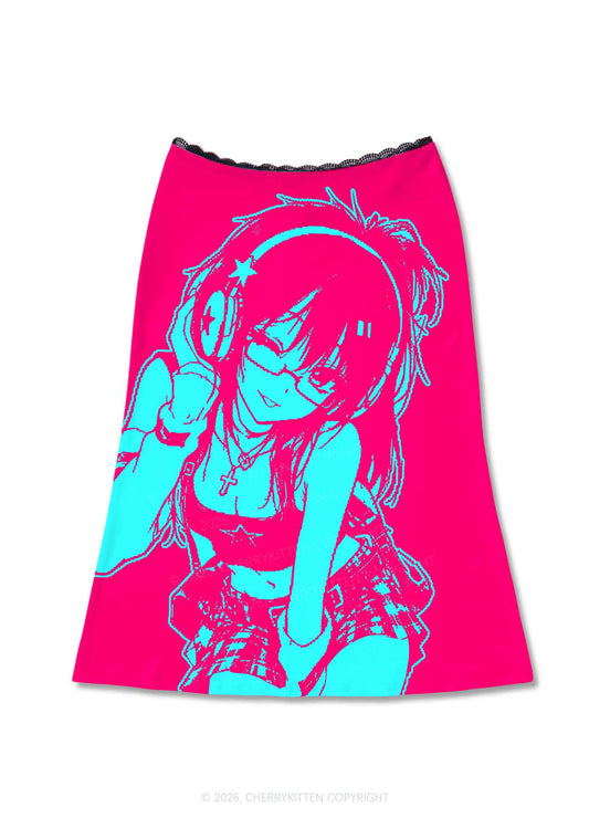 Blue Anime Girl On Hot Pink Y2K Print Midi Skirt Cherrykitten