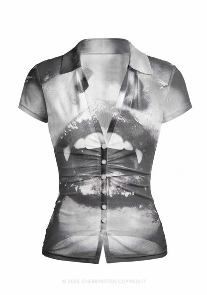 Halloween Vampire Lips Y2K Mesh Ruched Waist V Neck Top Cherrykitten