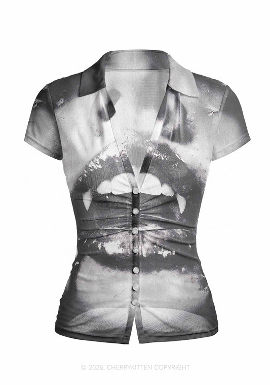 Halloween Vampire Lips Y2K Mesh Ruched Waist V Neck Top Cherrykitten