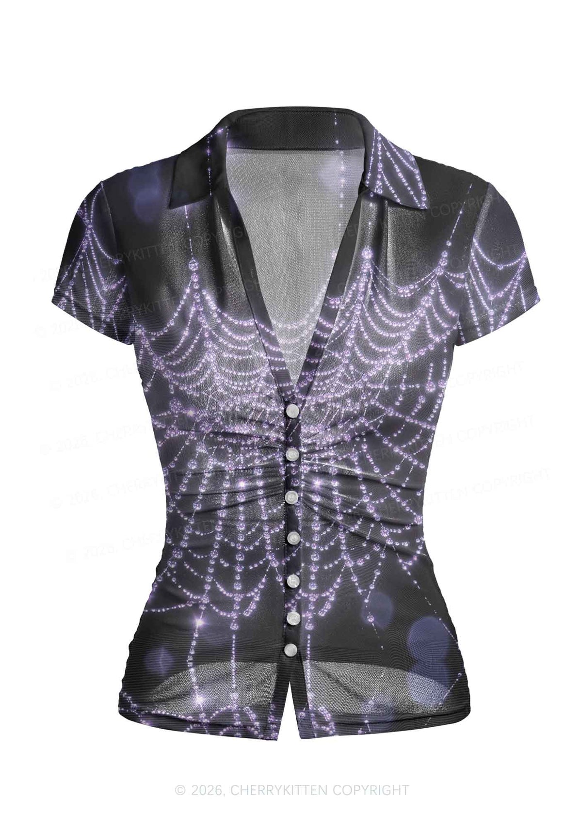 Glistening Spiderweb Y2K Mesh Ruched Waist V Neck Top Cherrykitten