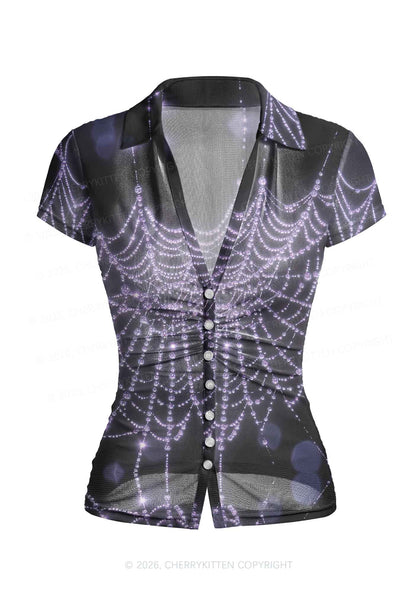 Glistening Spiderweb Y2K Mesh Ruched Waist V Neck Top Cherrykitten