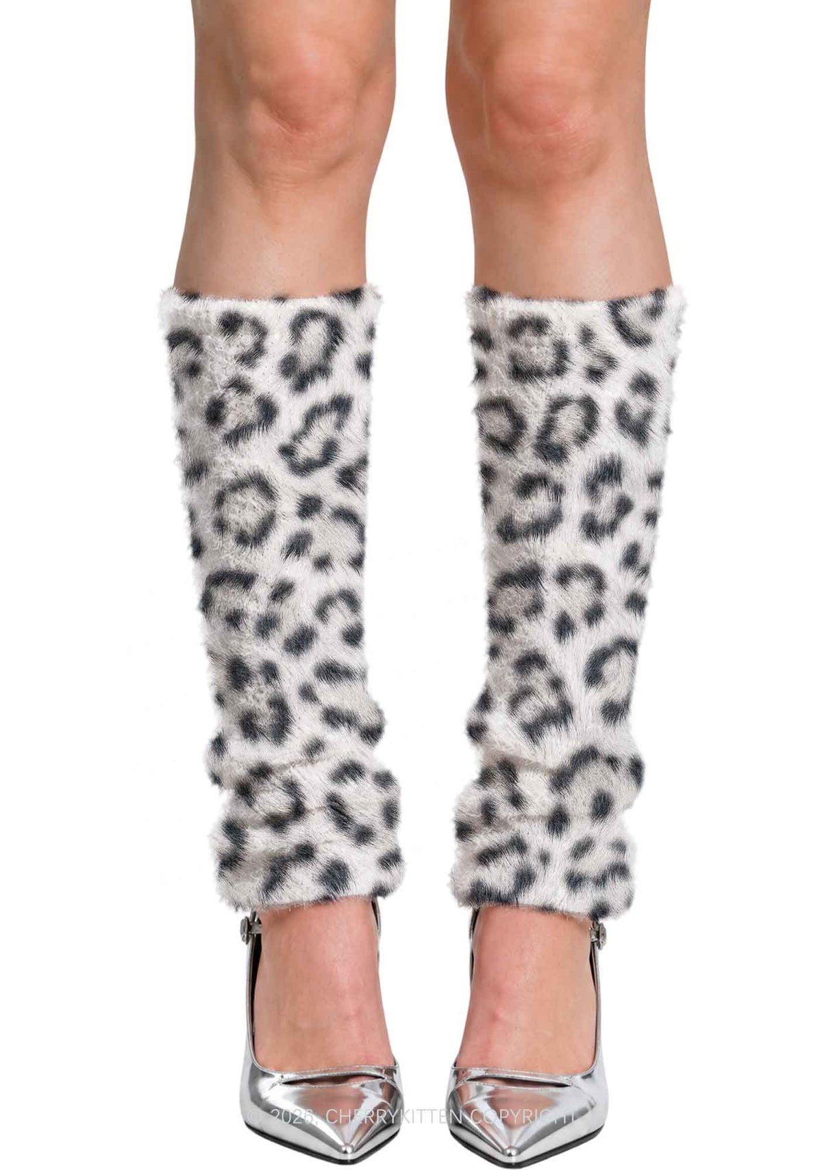White Leopard Y2K Print Fuzzy Straight Leg Warmers Cherrykitten