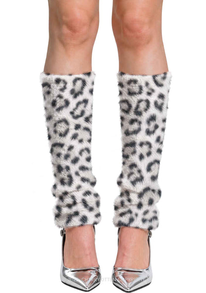 White Leopard Y2K Print Fuzzy Straight Leg Warmers Cherrykitten