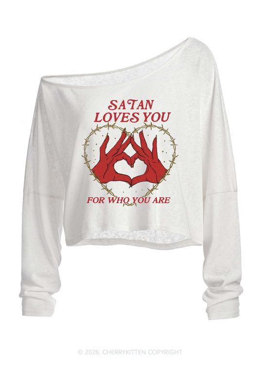 Satan Loves You Heart Halloween Y2K Off Shoulder Long Sleeve Crop Top Cherrykitten