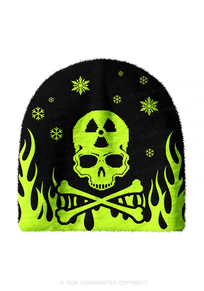 Fluorescent Green Skull Y2K Print Knit Beanie Cherrykitten