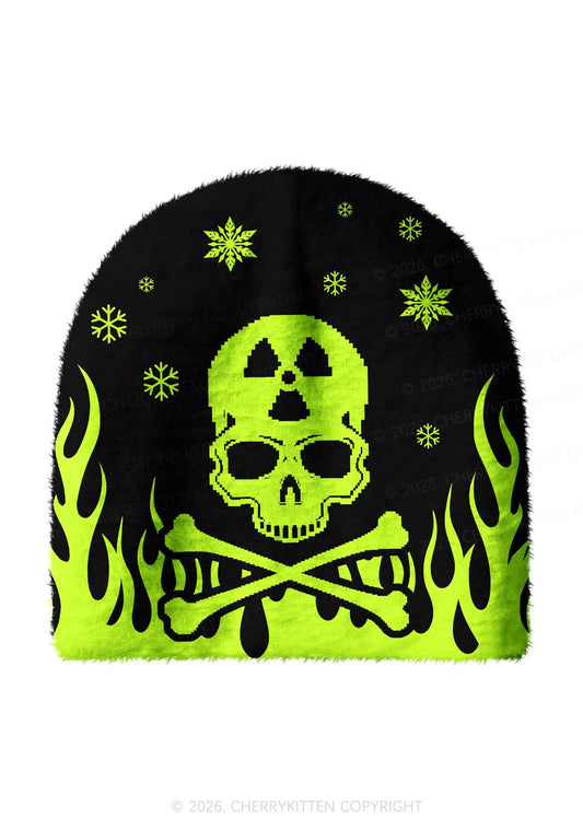 Fluorescent Green Skull Y2K Print Knit Beanie Cherrykitten