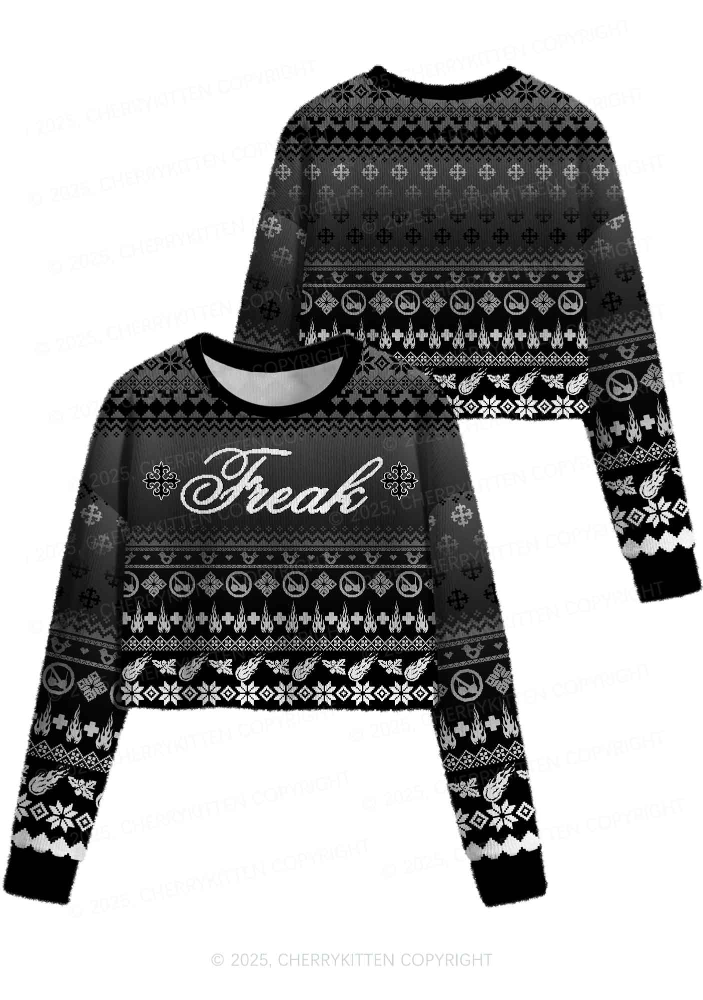 Black Freak Y2K Christmas Crop Knit Sweatshirt Cherrykitten