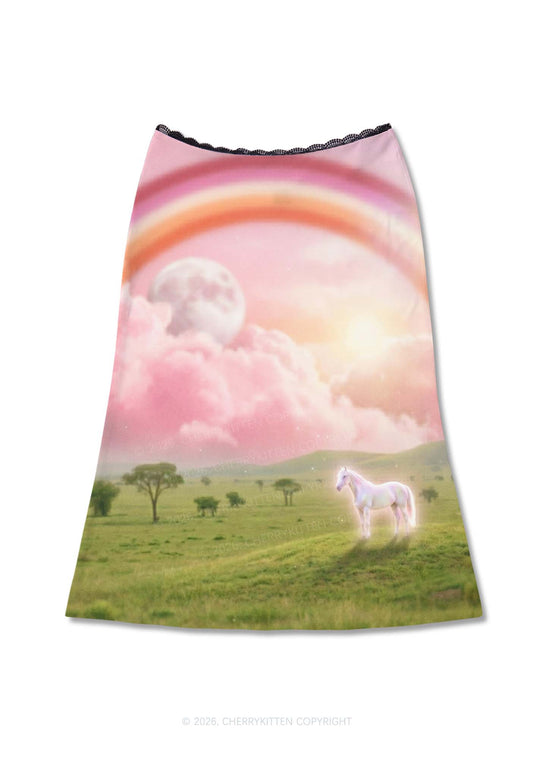 Lesbian Rainbow Pony Pride Y2K Print Midi Skirt Cherrykitten