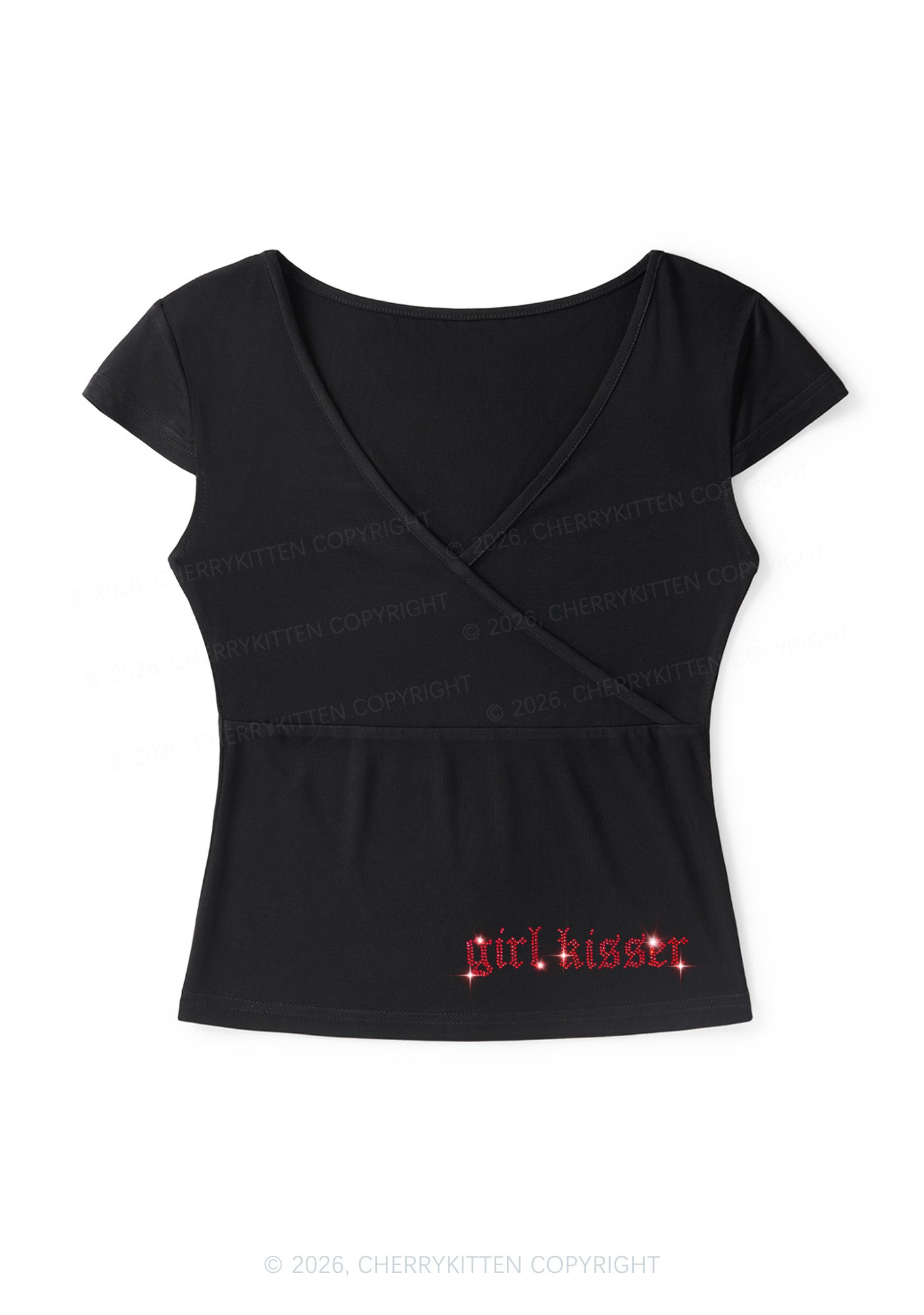 Rhinestone Girl Kisser Y2K Wrap V Neck T Shirts Cherrykitten