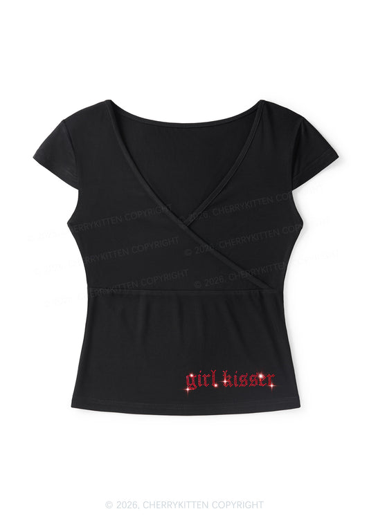 Rhinestone Girl Kisser Y2K Wrap V Neck T Shirts Cherrykitten