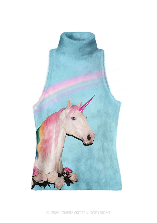 Blue Unicorn Y2K Knit Turtleneck Tank Top Cherrykitten